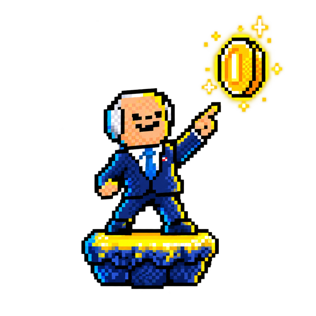 Boden character pointing up at a glowing gold coin, standing on a small pixel platform