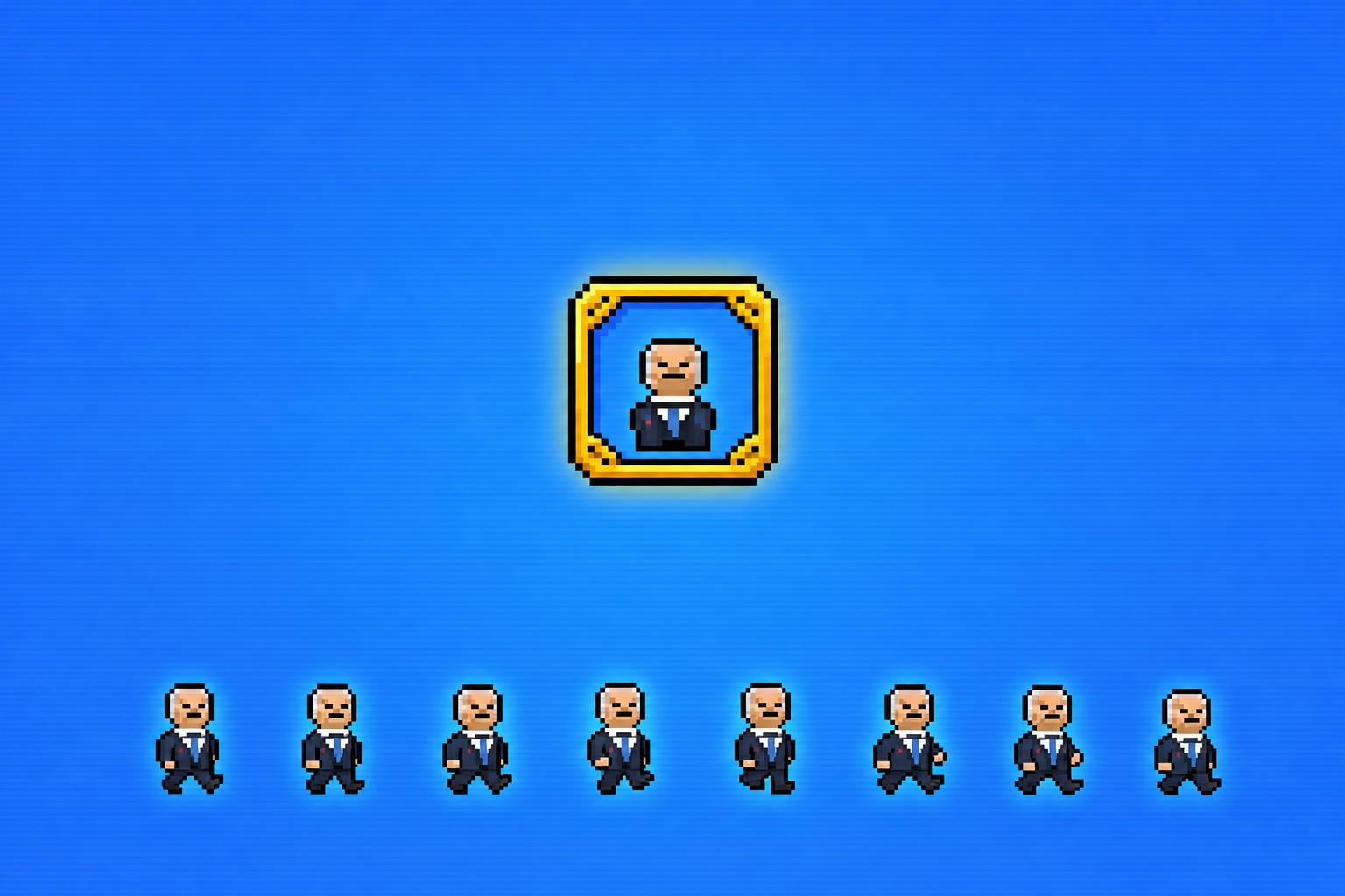 Wide arcade banner showing a framed gold medallion badge above a marching row of small pixel boden sprites