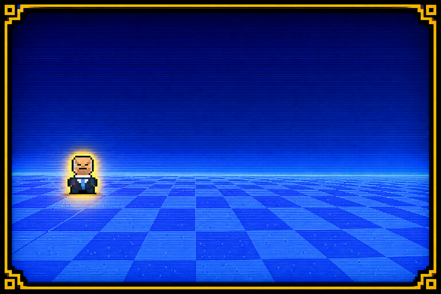 Small glowing boden sprite standing on a blue checkered CRT floor inside a gold pixel frame